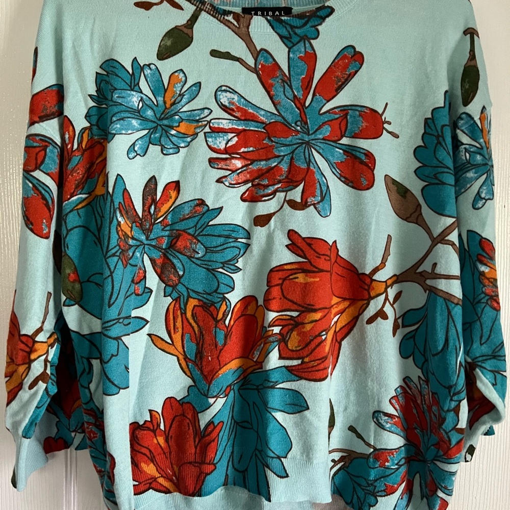 Tribal Blue and Red 3/4 Sleeve Boxy Blouse